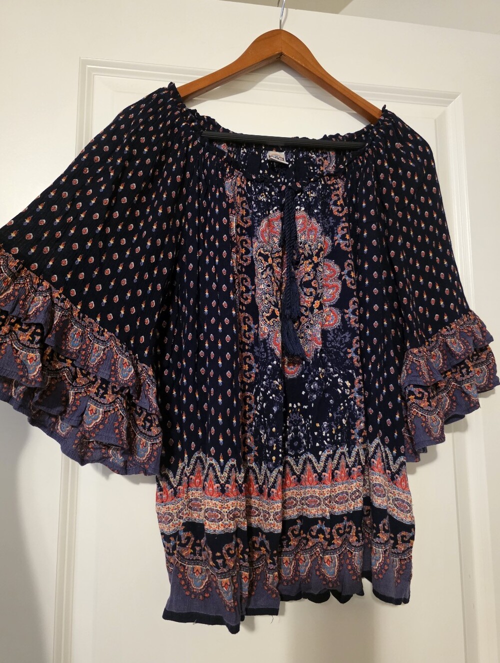 Boho Blouse Blue Tassel Peasant Bohemian Flutter Feminine Flowy Bila Womens M